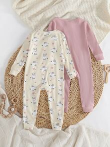 2pcs Baby Girls' Long Sleeve Jumpsuit Outfit Fabric, Cute Rabbit Print Pattern, Casual Style, Snug Fit Autumn/Winter Crew Neck Cotton Floral Zipper - Multicolor - View 3