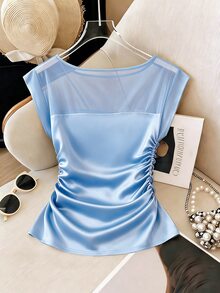 SHEIN Franclia 女款新款極簡百搭半透通勤優雅修身T恤 - 藍色 - 查看 2