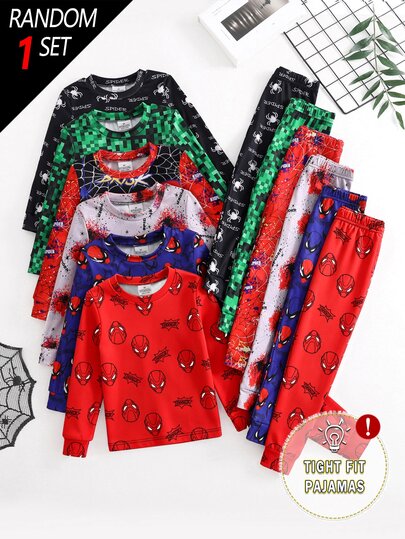 SHEIN 6 قطع/مجموعة ملابس منزلية للأولاد والفتيان الصغار، طقم ملابس مريحة بأكمام طويلة وبنطال محبوك ضيق بنقشة جهاز الألعاب ورائد الفضاء
