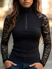 SHEIN 女款優雅街頭風混紡面料襯衫，拉鍊領口，透視蕾絲袖，百搭日常上衣 - 黑色 - 查看 9