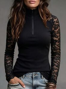 SHEIN 女款優雅街頭風混紡面料襯衫，拉鍊領口，透視蕾絲袖，百搭日常上衣 - 黑色 - 查看 2
