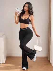 Gameset SHEIN Sport 女款字母腰帶對比網布喇叭褲腿運動緊身褲 健身運動 黑色與金色 夏季 - 黑色 - 查看 6
