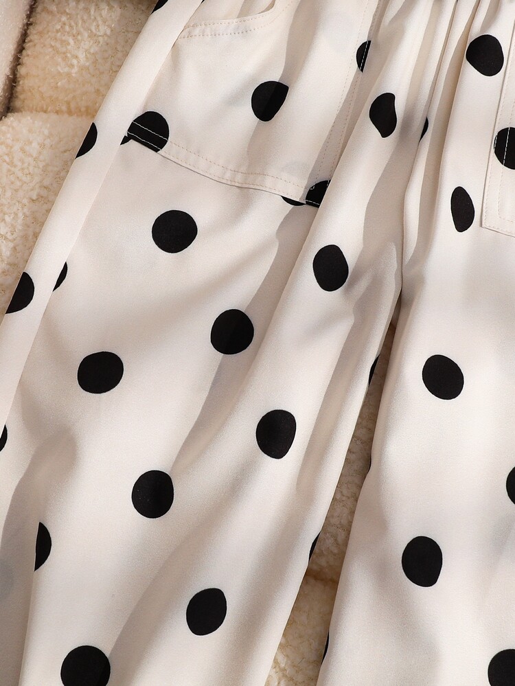 SHEIN Young Girl Young Girl Young Girl Young Girl Woven Polka Dot Double Patch Pocket Casual Straight Leg Pants - White - View 5