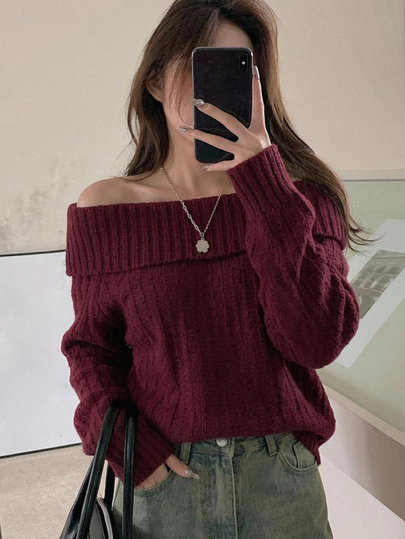 DAZY Women's Plain Color Off Shoulder Loose Casuals Sweater, Autumn/Winter,Long Sleeve Tops,Fall Women Clothes,New Year