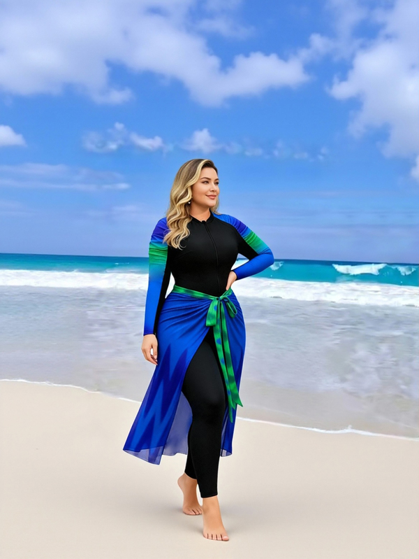 Swim Shayni مجموعة بوركيني للمرأة ذات الحجم الكبير مكونة من قطعتين، مطبوعة بتدرج اللون، مع أكمام طويلة، تصميم مخفف، إغلاق أمامي بسحاب، تنورة ماكسي شفافة جزئيًا، مثالية لعطلة الشاطئ في فصل الصيف