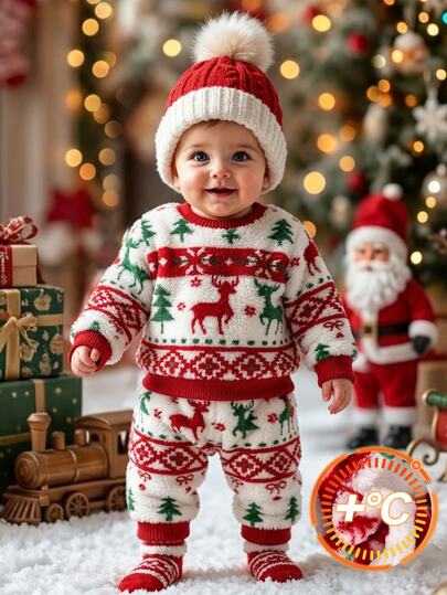 Souflis Souflis 2pcs/Set Baby Boy Winter White Red Green Colorblock Christmas Vintage Style Reindeer Christmas Tree Snowflake All-Over Print Crew Neck Long Sleeve Top & Matching Pattern Cuffed Long Pants Holiday Outfit, Loose Casual Fit, Suitable For Christmas Party, Holiday Outings, Family Gatherings, Stage Photography, Holiday Photos