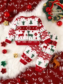 SHEIN 2件組男嬰冬季白色紅綠拼接配色聖誕復古風馴鹿聖誕樹雪花滿版印花圓領長袖上衣與配套圖案收口長褲休閒套裝，寬鬆休閒版型，適合聖誕派對、假期出遊、家庭聚會、舞台攝影、節日拍照 - 紅色 - 查看 2
