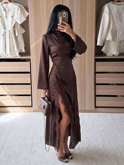 Siren Gaze Women's Lace Patchwork Split Design Casual Party Long Dress