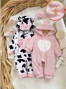 Comfy Newborn Baby Girl Pink Bear & Cat Print Warm Long Sleeve Romper Set For Autumn Winter - Baby Pink - View 1