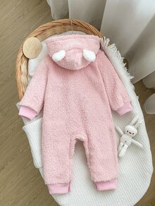 Comfy Newborn Baby Girl Pink Bear & Cat Print Warm Long Sleeve Romper Set For Autumn Winter - Baby Pink - View 3