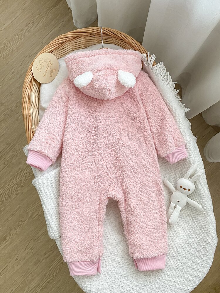 Comfy Newborn Baby Girl Pink Bear & Cat Print Warm Long Sleeve Romper Set For Autumn Winter - Baby Pink - View 3