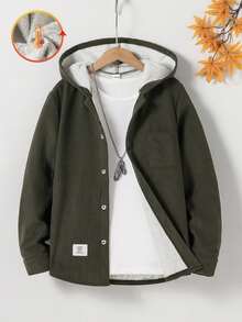 SHEIN Vacaura 大童男孩燈芯絨抓絨內裡連帽外套，前開扣保暖休閒外套，附口袋，秋冬純色日常穿著大衣 - 軍綠色 - 查看 3