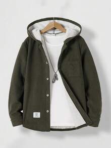 SHEIN Vacaura 大童男孩燈芯絨抓絨內裡連帽外套，前開扣保暖休閒外套，附口袋，秋冬純色日常穿著大衣 - 軍綠色 - 查看 5