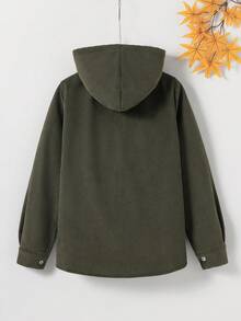 SHEIN Vacaura 大童男孩燈芯絨抓絨內裡連帽外套，前開扣保暖休閒外套，附口袋，秋冬純色日常穿著大衣 - 軍綠色 - 查看 2