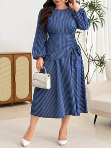 Modelyn Gaun Fashion Bergaris Ukuran Plus, Gaun Wanita dengan Tali Serut di Pinggang - Royal Blue - View 6