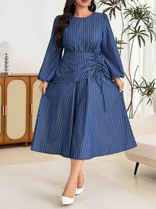 Modelyn Gaun Fashion Bergaris Ukuran Plus, Gaun Wanita dengan Tali Serut di Pinggang - Royal Blue - View 5