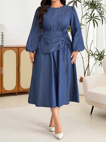 Modelyn Gaun Fashion Bergaris Ukuran Plus, Gaun Wanita dengan Tali Serut di Pinggang - Royal Blue - View 4