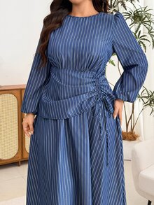 Modelyn Gaun Fashion Bergaris Ukuran Plus, Gaun Wanita dengan Tali Serut di Pinggang - Royal Blue - View 8