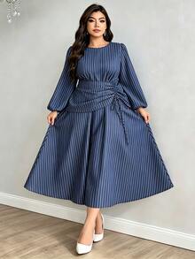 Modelyn Gaun Fashion Bergaris Ukuran Plus, Gaun Wanita dengan Tali Serut di Pinggang - Royal Blue - View 2