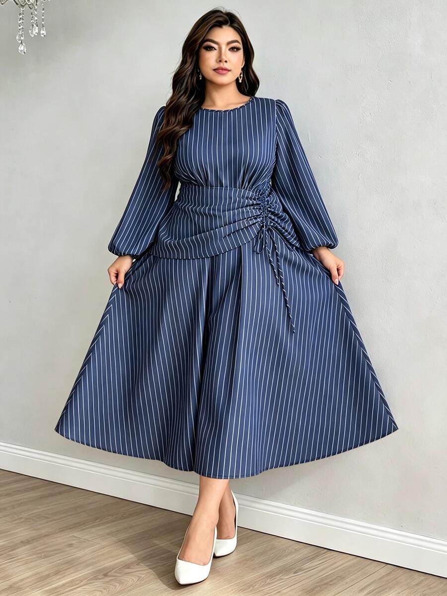 Modelyn Gaun Fashion Bergaris Ukuran Plus, Gaun Wanita dengan Tali Serut di Pinggang