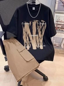 SHEIN 兒童青少年男孩休閒學院風大字母印花黑色圓領短袖T恤與卡其色工裝短褲2件套，適合通勤、上學、日常休閒出遊、運動，春夏季適用 - 卡其色 - 查看 3