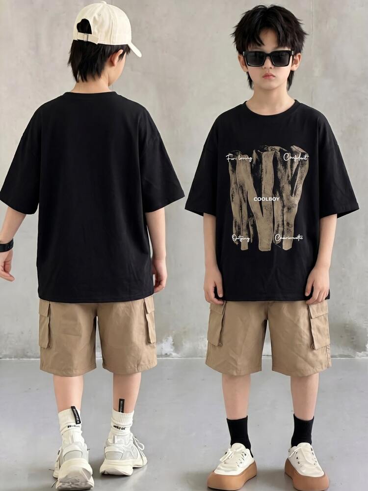 SHEIN 兒童青少年男孩休閒學院風大字母印花黑色圓領短袖T恤與卡其色工裝短褲2件套，適合通勤、上學、日常休閒出遊、運動，春夏季適用 - 卡其色 - 查看 4