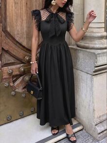 Flora Isola Flora Isola Damen Frühling/Sommer Mode elegantes Kleid mit Schleife, flatternden Ärmeln und geraffter Taille, geeignet für Dates, Abendpartys, Treffen, Einkaufen und Fotos - Schwarz - Übersicht 2