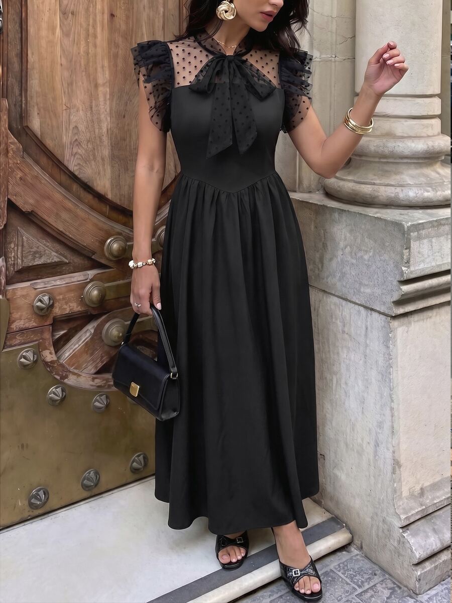 Flora Isola Flora Isola Damen Frühling/Sommer Mode elegantes Kleid mit Schleife, flatternden Ärmeln und geraffter Taille, geeignet für Dates, Abendpartys, Treffen, Einkaufen und Fotos