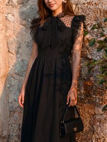 Flora Isola Flora Isola Damen Frühling/Sommer Mode elegantes Kleid mit Schleife, flatternden Ärmeln und geraffter Taille, geeignet für Dates, Abendpartys, Treffen, Einkaufen und Fotos - Schwarz - Übersicht 5