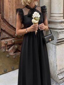Flora Isola Flora Isola Damen Frühling/Sommer Mode elegantes Kleid mit Schleife, flatternden Ärmeln und geraffter Taille, geeignet für Dates, Abendpartys, Treffen, Einkaufen und Fotos - Schwarz - Übersicht 7