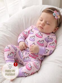 Bộ đồ ngủ bé gái 2 món ôm sát, vải gân mềm co giãn cao, họa tiết kỳ lân màu sắc dễ thương in toàn thân, tay dài quần dài - Màu Hồng baby - Xem 4