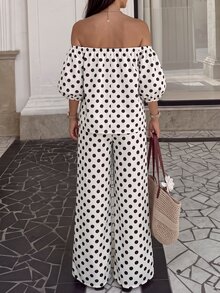 Selianne Women's Spring/Summer White And Black Polka Dot Tube Petal Sleeve Bandeau Top With Straight Leg Pants, 2 Pieces Set Suitable For Travel Brunch Vintage - Apricot - View 3