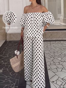 Selianne Women's Spring/Summer White And Black Polka Dot Tube Petal Sleeve Bandeau Top With Straight Leg Pants, 2 Pieces Set Suitable For Travel Brunch Vintage - Apricot - View 7