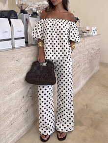 Selianne Women's Spring/Summer White And Black Polka Dot Tube Petal Sleeve Bandeau Top With Straight Leg Pants, 2 Pieces Set Suitable For Travel Brunch Vintage - Apricot - View 9