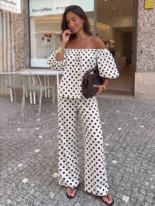 Selianne Women's Spring/Summer White And Black Polka Dot Tube Petal Sleeve Bandeau Top With Straight Leg Pants, 2 Pieces Set Suitable For Travel Brunch Vintage - Apricot - View 10