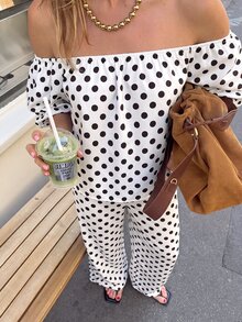 Selianne Women's Spring/Summer White And Black Polka Dot Tube Petal Sleeve Bandeau Top With Straight Leg Pants, 2 Pieces Set Suitable For Travel Brunch Vintage - Apricot - View 8