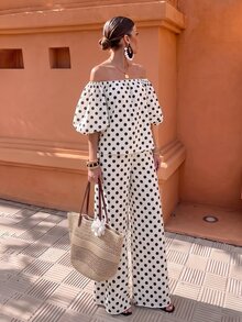 Selianne Women's Spring/Summer White And Black Polka Dot Tube Petal Sleeve Bandeau Top With Straight Leg Pants, 2 Pieces Set Suitable For Travel Brunch Vintage - Apricot - View 4