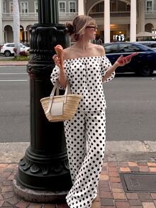Selianne Women's Spring/Summer White And Black Polka Dot Tube Petal Sleeve Bandeau Top With Straight Leg Pants, 2 Pieces Set Suitable For Travel Brunch Vintage - Apricot - View 2