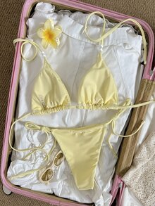 Swim Vcay 女士泳装 - 优雅复古性感海洋主题比基尼纯色度假/沙滩装比基尼泳衣，适合女士度假、情人节派对、泳池等场合。 - 黃色 - 查看 3