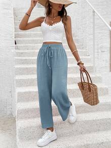 SHEIN Frenchy Women Solid Color Minimalist Style Pants, Suitable For Summer Winter Chic Casual Spring - Iron Gray - View 6
