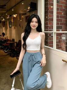 SHEIN Frenchy Women Solid Color Minimalist Style Pants, Suitable For Summer Winter Chic Casual Spring - Iron Gray - View 1