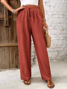 SHEIN Frenchy Women's Solid Color Belted Loose Straight Leg Casual Pants, Versatile Winter Christmas Spring - Redwood - View 3