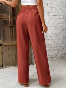 SHEIN Frenchy Women's Solid Color Belted Loose Straight Leg Casual Pants, Versatile Winter Christmas Spring - Redwood - View 2