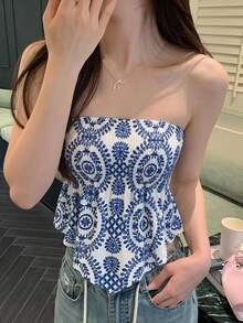 Serisse Women's Vacation Plant Print Tube Top Crop Top Summer Holiday ResortAsymmetric - Blue and White - View 2