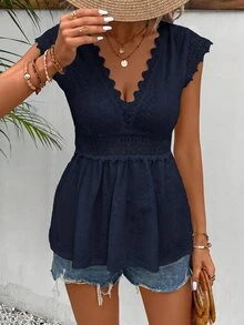 SHEIN Frenchy Solid Color V-Neck Lace Patchwork Ruched Ruffle Hem Summer Short Sleeve T-Shirt,Summer Top - Navy Blue - View 3