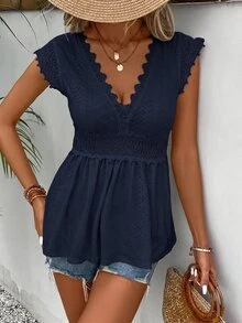 SHEIN Frenchy Solid Color V-Neck Lace Patchwork Ruched Ruffle Hem Summer Short Sleeve T-Shirt,Summer Top - Navy Blue - View 5