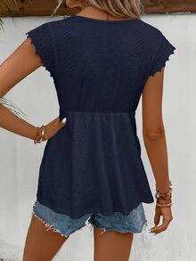 SHEIN Frenchy Solid Color V-Neck Lace Patchwork Ruched Ruffle Hem Summer Short Sleeve T-Shirt,Summer Top - Navy Blue - View 2