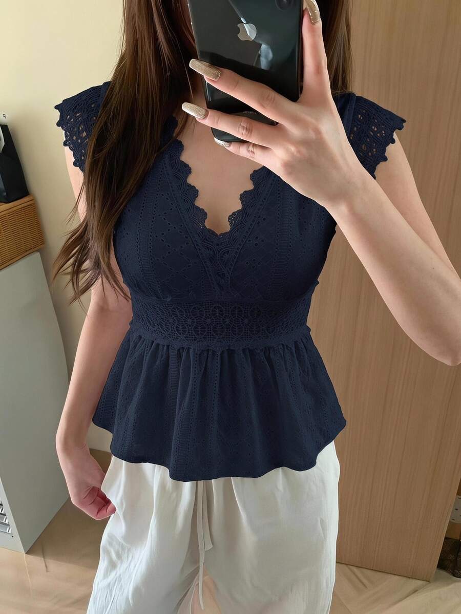 SHEIN Frenchy Solid Color V-Neck Lace Patchwork Ruched Ruffle Hem Summer Short Sleeve T-Shirt,Summer Top - Navy Blue - View 1