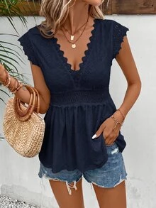 SHEIN Frenchy Solid Color V-Neck Lace Patchwork Ruched Ruffle Hem Summer Short Sleeve T-Shirt,Summer Top - Navy Blue - View 4
