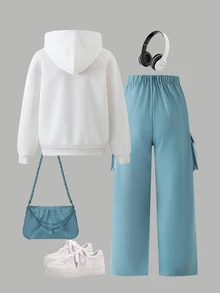 SHEIN Sparklyn 青少年女孩字母印花連帽衛衣與寬腿工裝褲兩件套休閒街頭風秋冬套裝 - 水鴨藍 - 查看 2